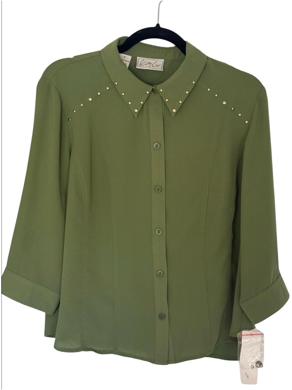 Kathy Che Olive Green Studded Button-Down Boho Relaxed Top szPL